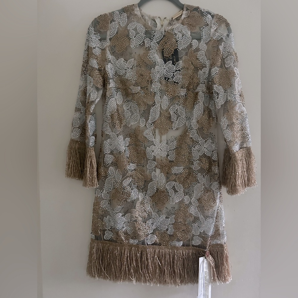 NWT Bronx and Banco Becca Sheer Beaded Dress Size 2 Fringe Sleeves